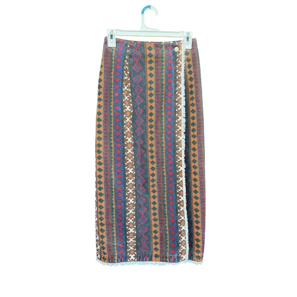 Vintage Red Rover Southwestern Blanket Print Fringe Wrap Maxi Skirt Size 3 XS